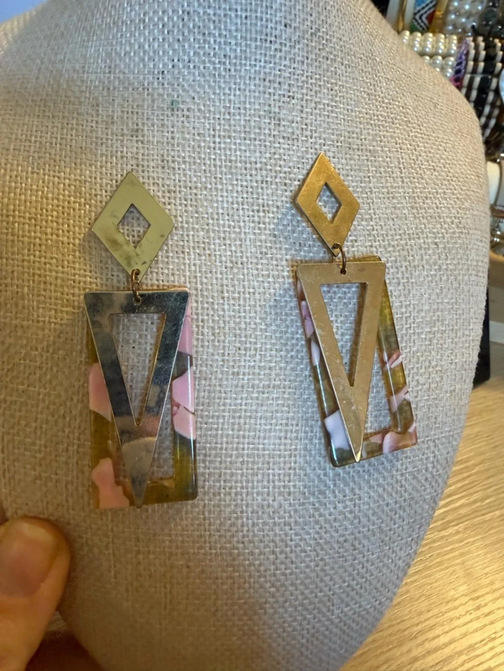 Gold Tone Pink‎ Acrylic Long Dangle Statement Earrings